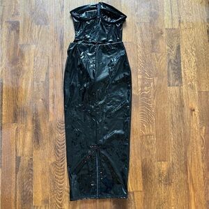 Faux patent leather bodysuit and midi skirt set